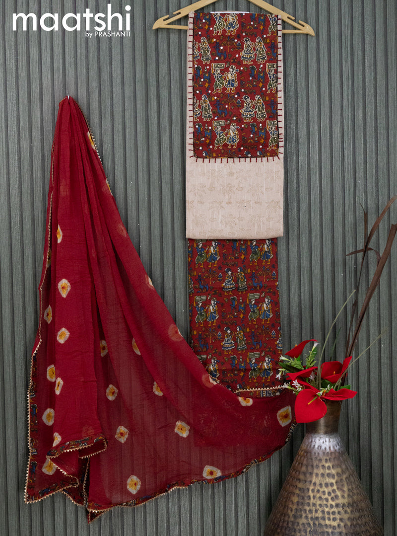 Cotton dress material beige and maroon with allover prints & embroidery work neck pattern and kalamkari prints bottom & chiffon dupatta