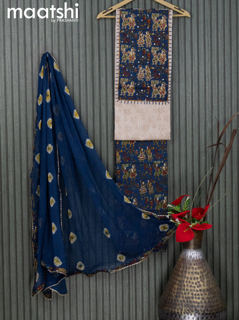 Cotton dress material beige and blue with allover prints & embroidery work neck pattern and kalamkari prints bottom & chiffon dupatta