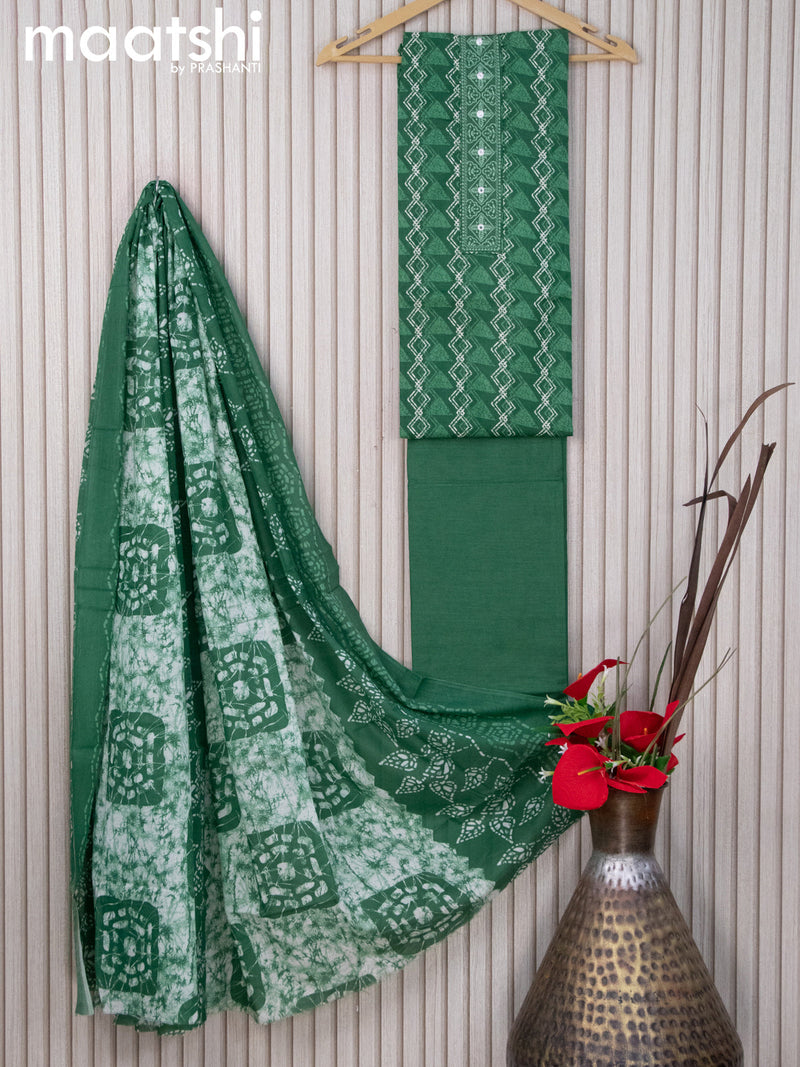Cotton dress material green  with geometric prints & embroidery work neck pattern and bottom & dupatta