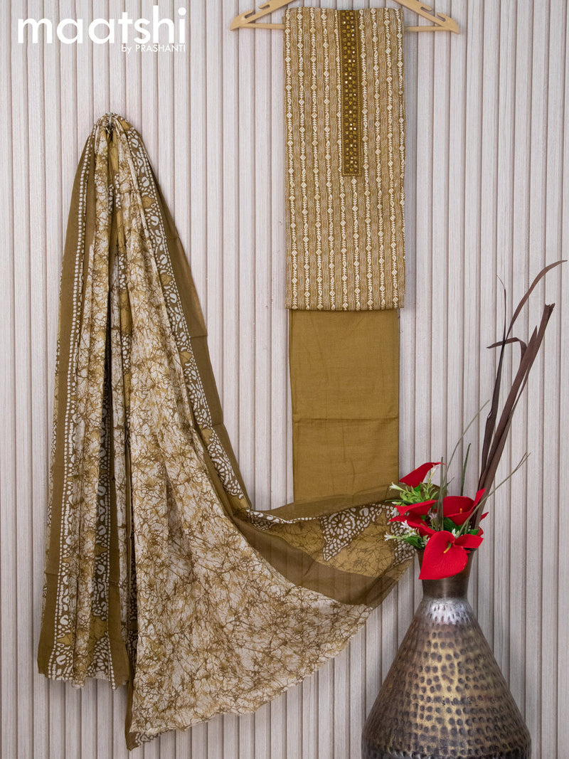 Cotton dress material mehendi green  with allover prints & embroidery work neck pattern and bottom & dupatta