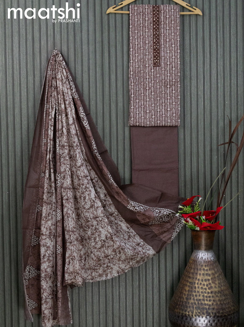 Cotton dress material coffee brown  with allover prints & embroidery work neck pattern and bottom & dupatta