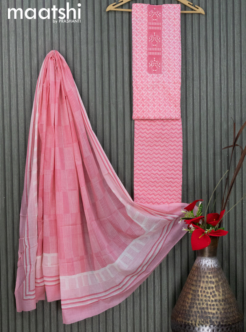 Cotton dress material pink and off white with allover prints & embroidery work neck pattern and bottom & dupatta