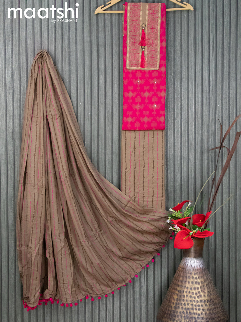 Cotton dress material pink and chikku shade with allover prints & mirror work embroidery neck pattern and bottom & printed dupatta