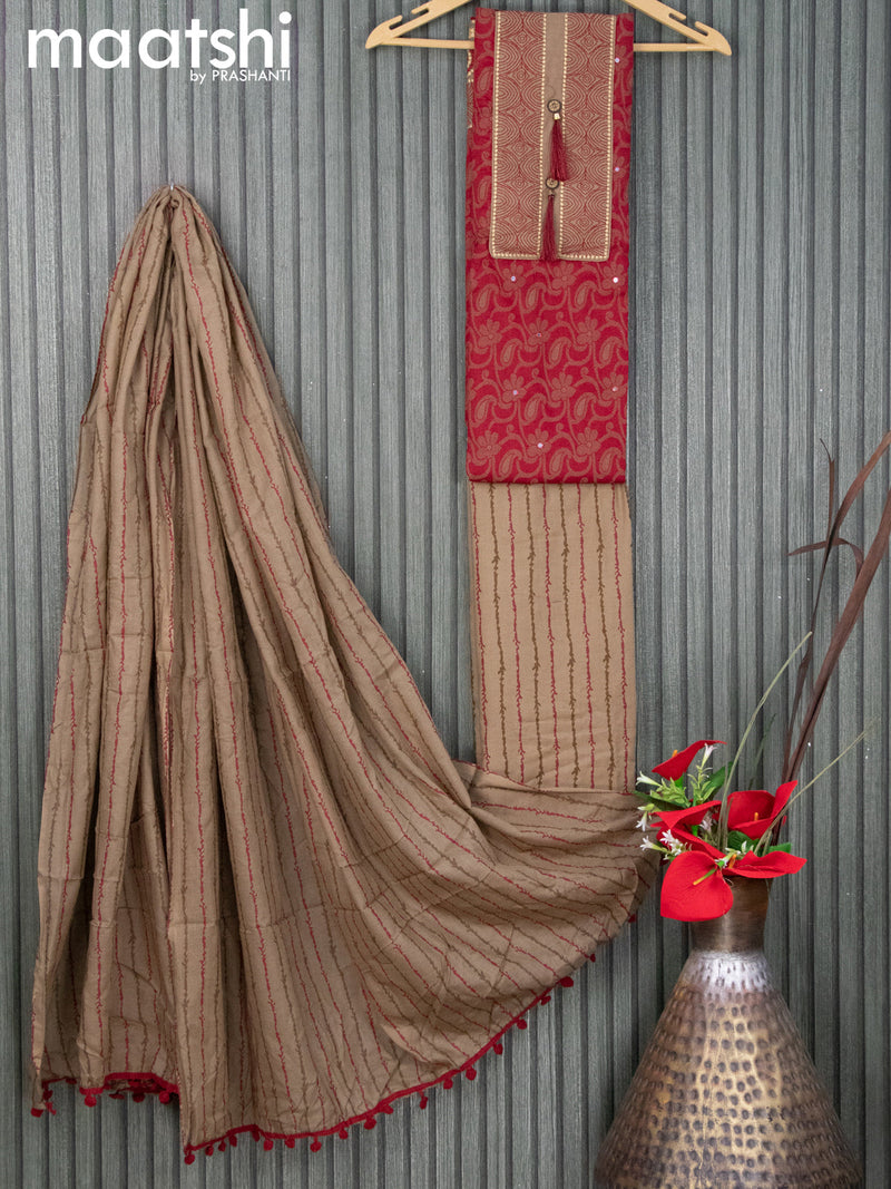 Cotton dress material maroon and chikku shade with allover prints & mirror work embroidery neck pattern and bottom & printed dupatta
