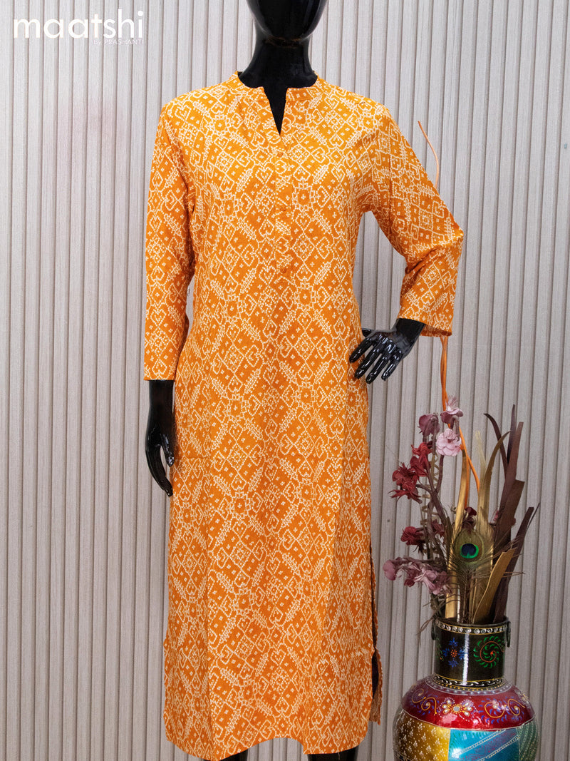 Soft cotton readymade kurti mustard yellow  with allover bandhani prints and without pant