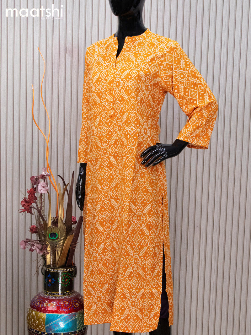 Soft cotton readymade kurti mustard yellow  with allover bandhani prints and without pant
