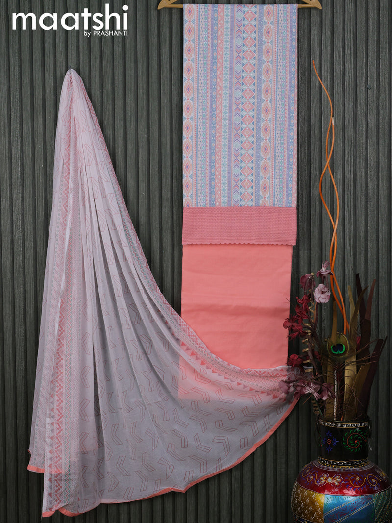 Cotton dress material off white and peach orange with allover embroidery work and bottom & chiffon dupatta
