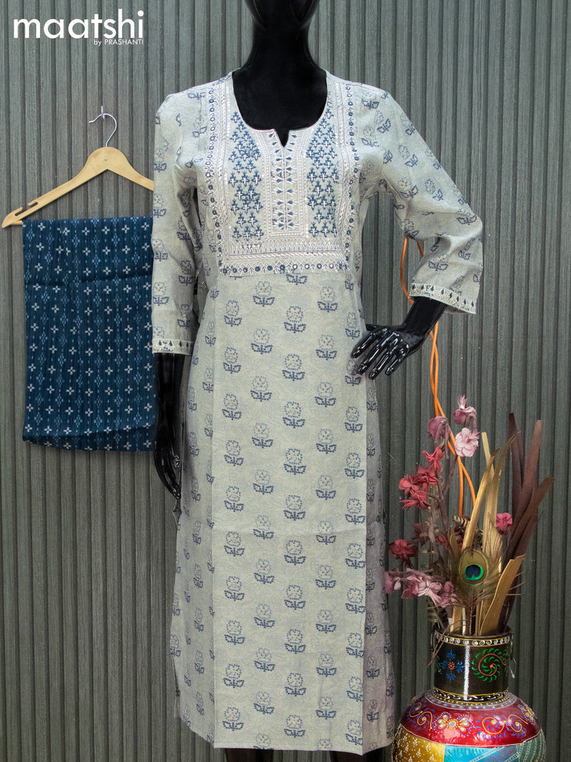 Modal readymade kurti set grey shade and dark blue with bandhani butta prints & embroidery work neck pattern and straight cut pant
