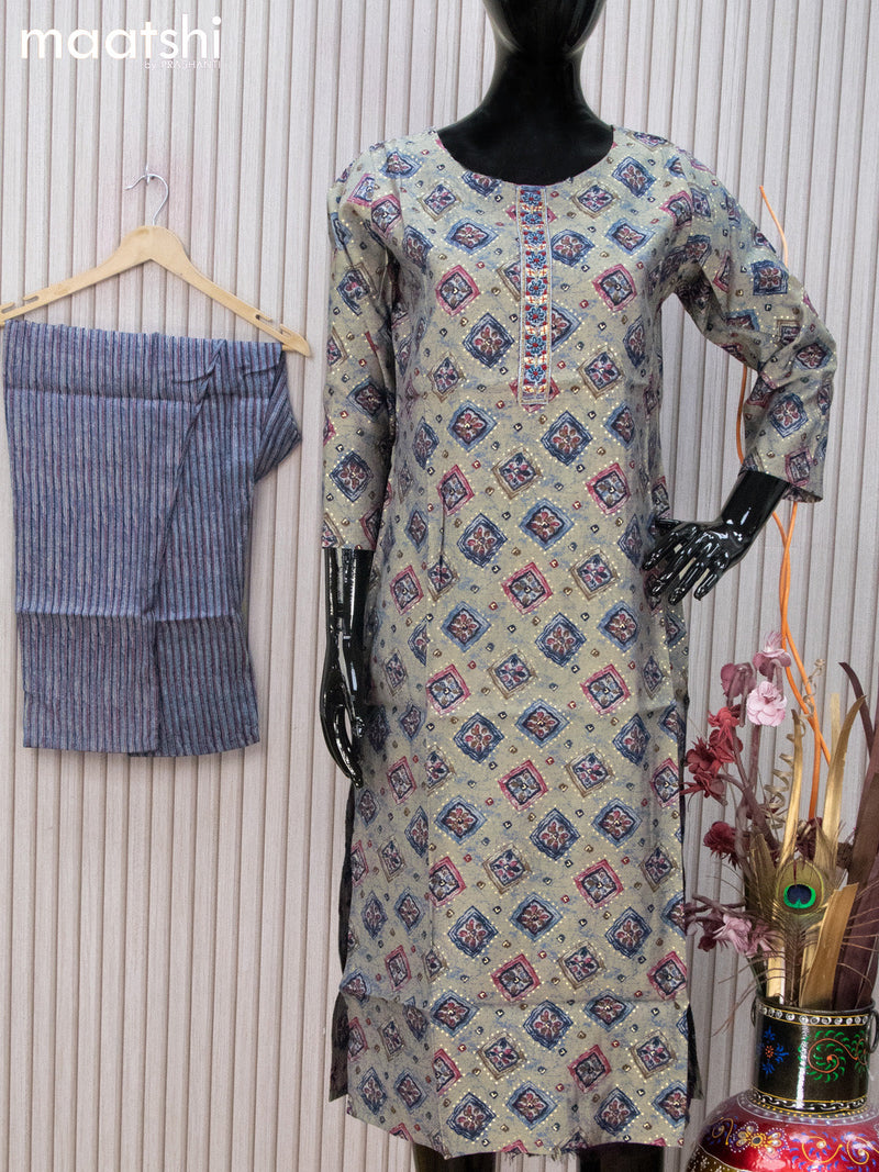 Modal readymade kurti set grey shade and blue shade with batik butta prints & embroidery work neck pattern and straight cut pant