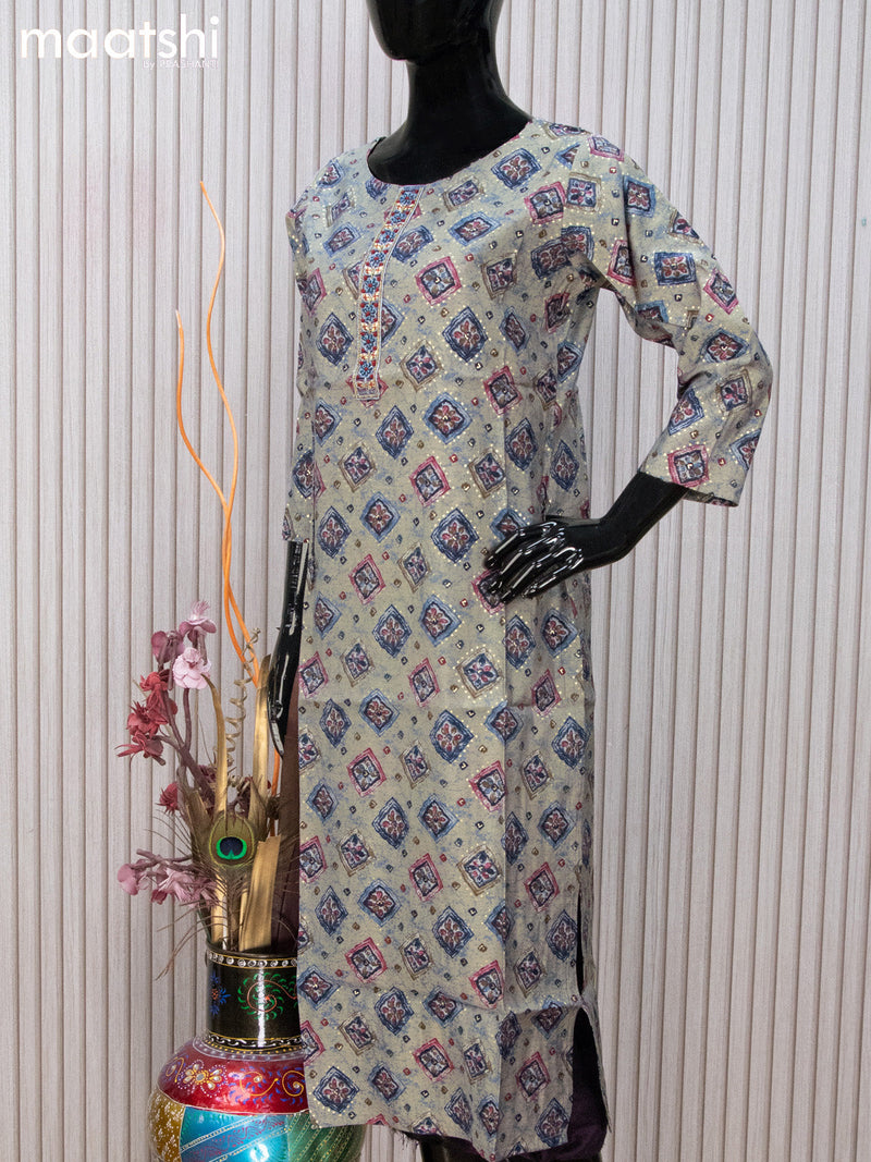 Modal readymade kurti set grey shade and blue shade with batik butta prints & embroidery work neck pattern and straight cut pant
