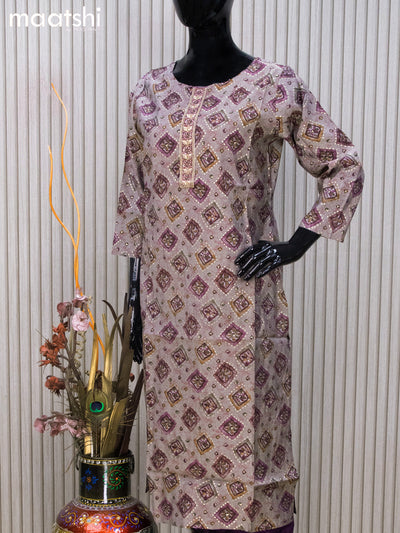 Modal readymade kurti set grey shade and purple shade with batik butta prints & embroidery work neck pattern and straight cut pant