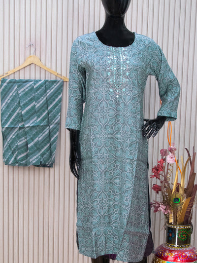 Muslin readymade kurti set grey  with bandhani prints & mirror work neck pattern and straight cut pant