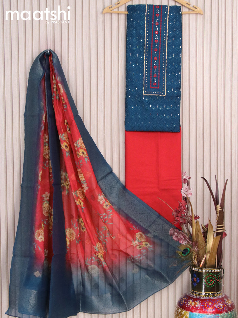 Raw silk dress material peacock blue red with allover embroidery & sequin work and bottom & banarasi style dupatta