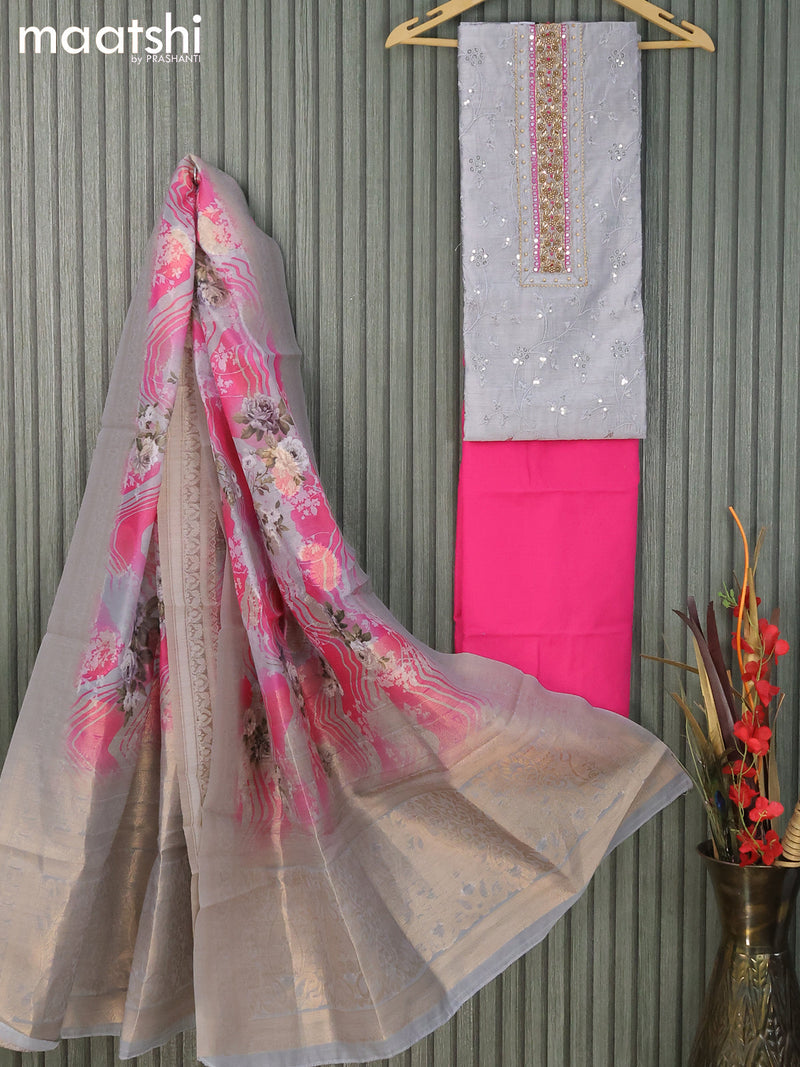 Raw silk dress material grey pink with allover embroidery & sequin work and bottom & banarasi style dupatta