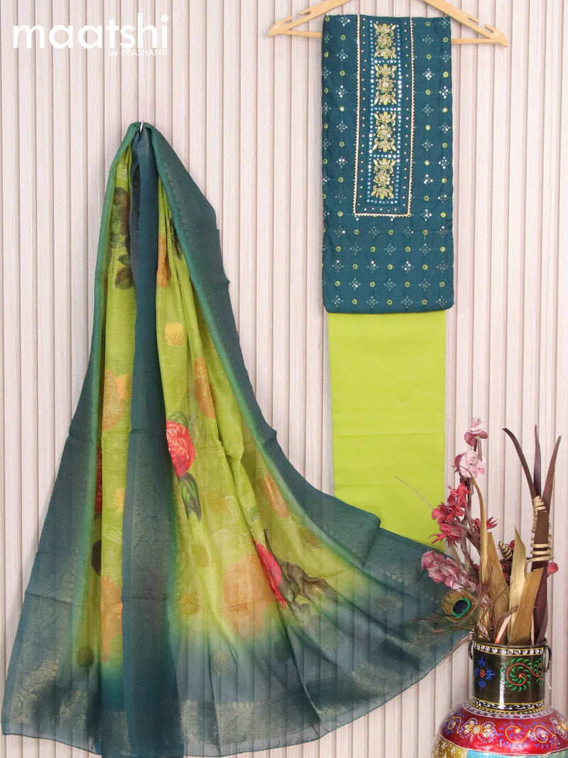 Raw silk dress material peacock green light green with allover embroidery & sequin work and bottom & banarasi style dupatta