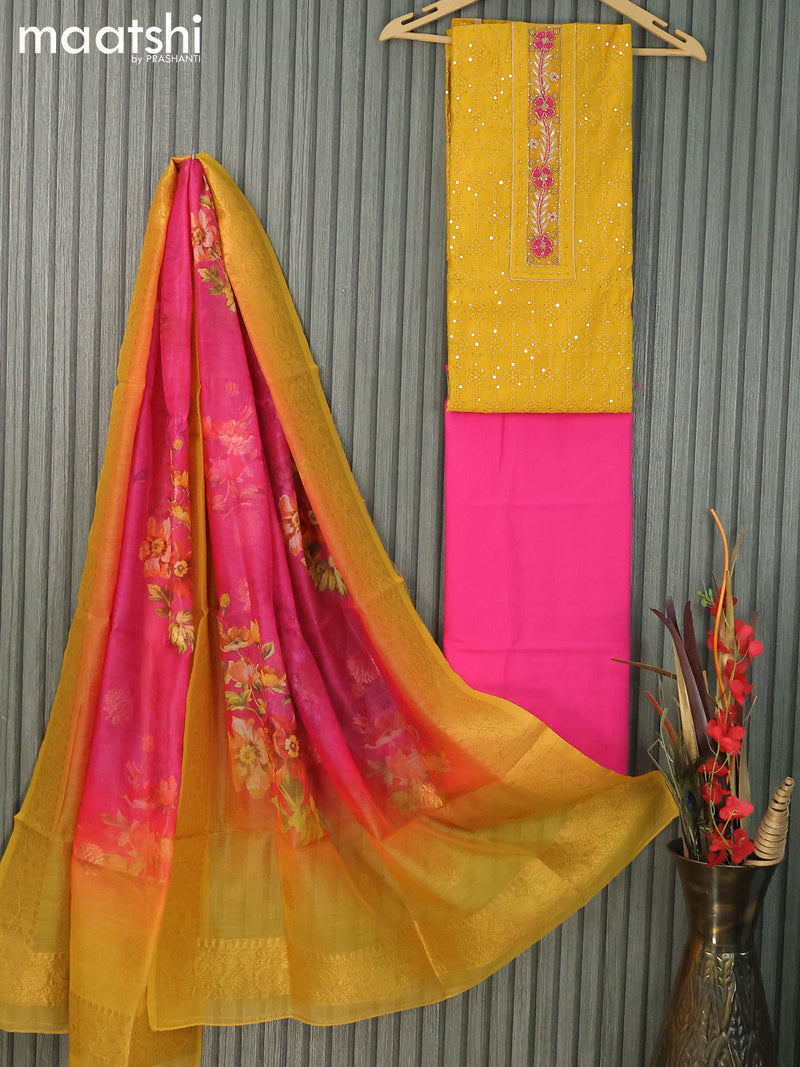 Raw silk dress material yellow pink with allover embroidery & sequin work and bottom & banarasi style dupatta