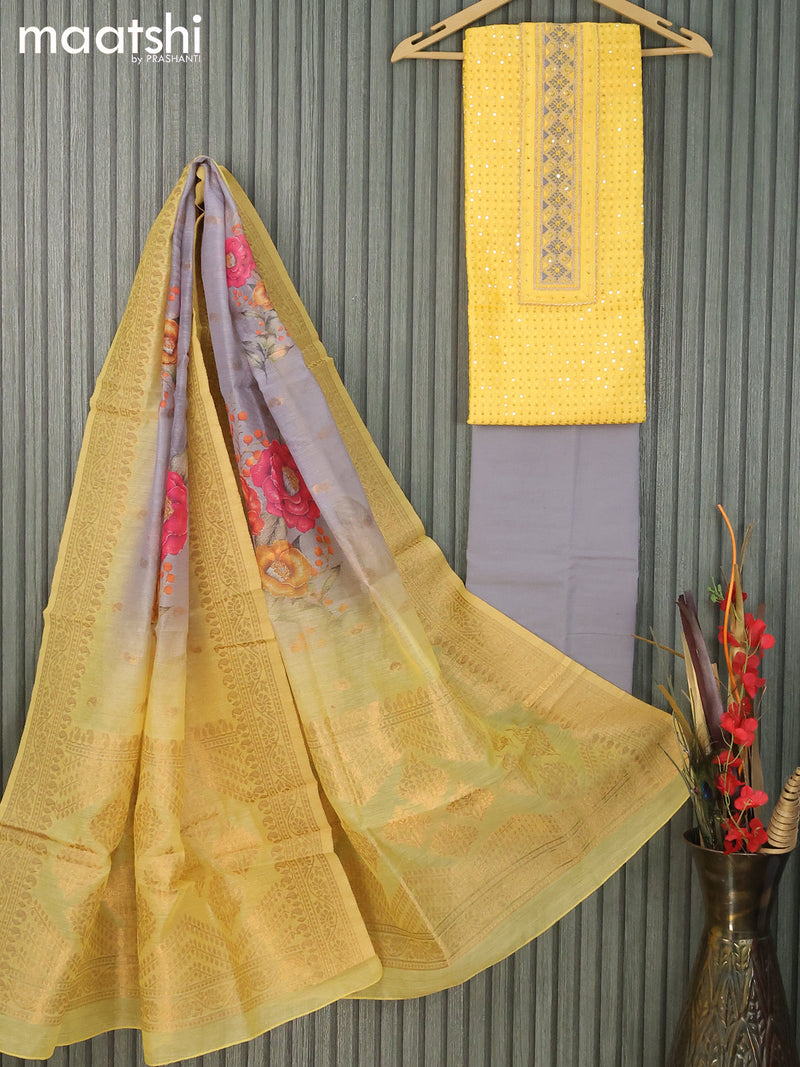 Raw silk dress material yellow grey with allover embroidery & sequin work and bottom & banarasi style dupatta