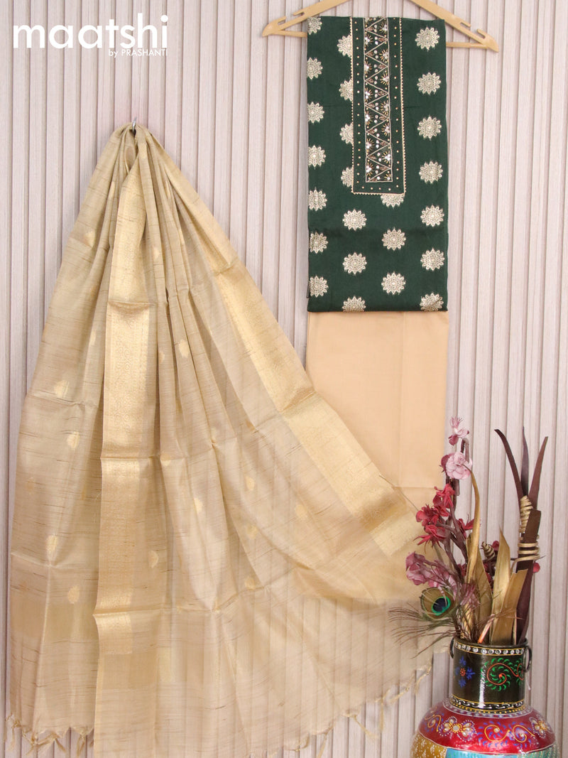Raw silk dress material dark green sandal with zari woven buttas & embroidery neck pattern and bottom & zari dupatta