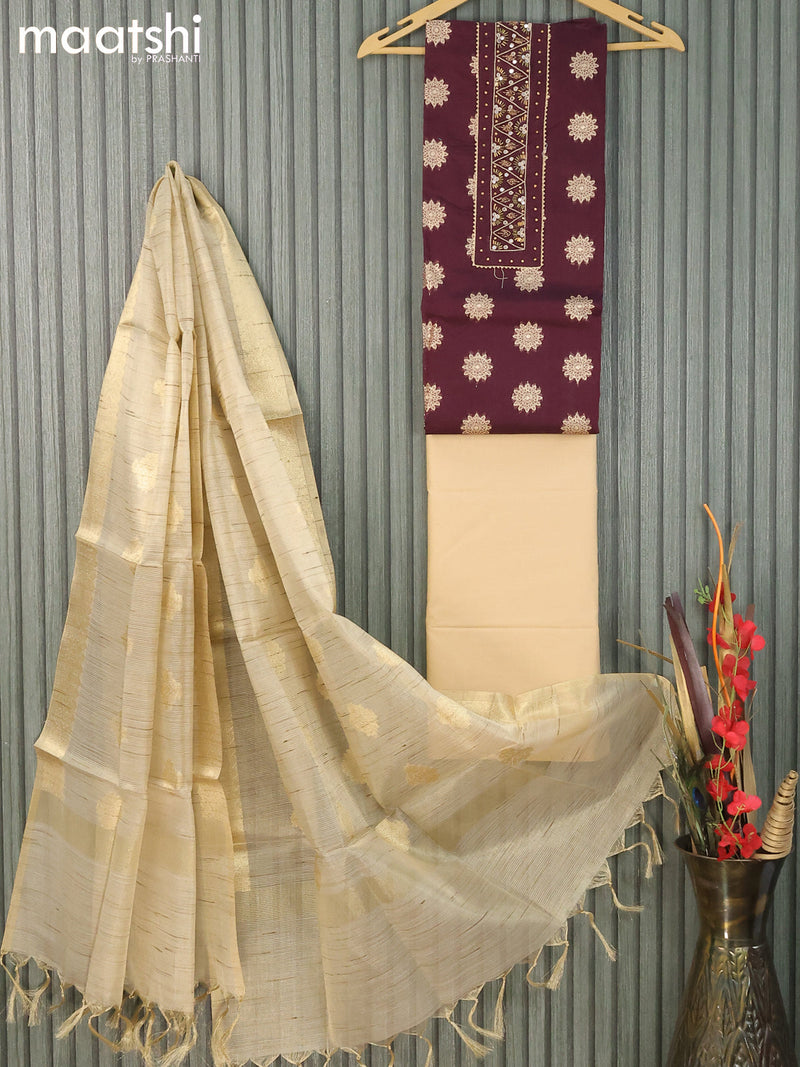 Raw silk dress material wine shade sandal with zari woven buttas & embroidery neck pattern and bottom & zari dupatta