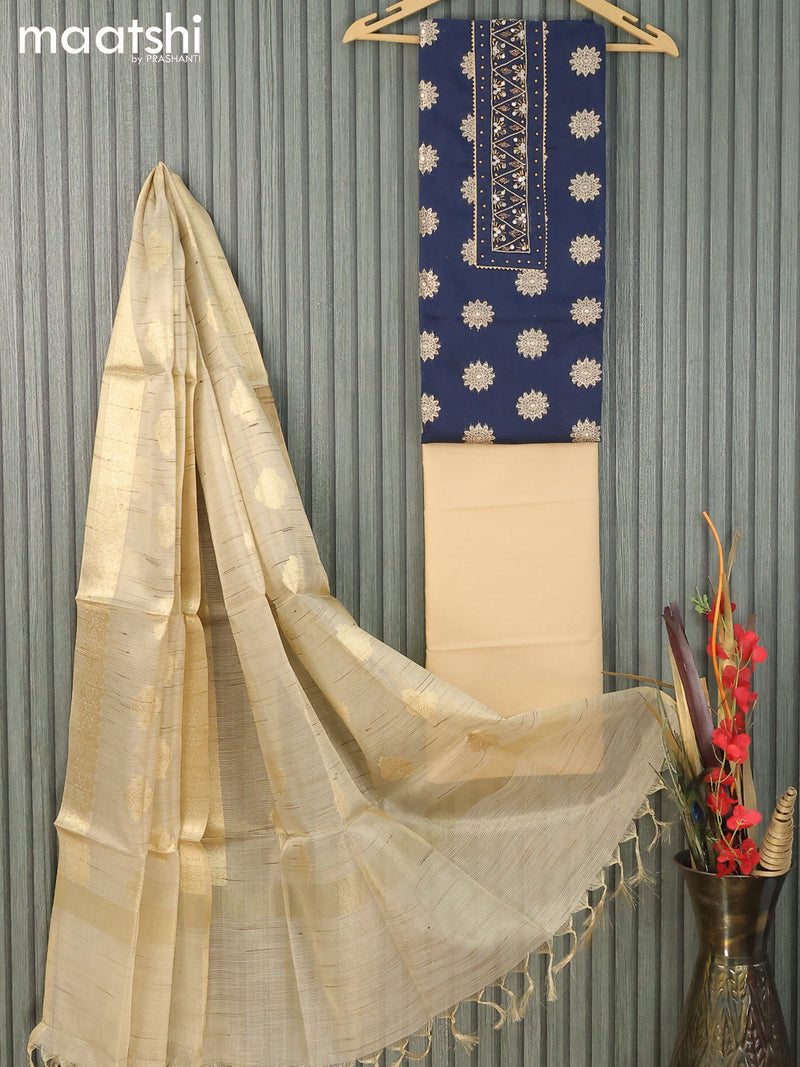 Raw silk dress material peacock blue sandal with zari woven buttas & embroidery neck pattern and bottom & zari dupatta