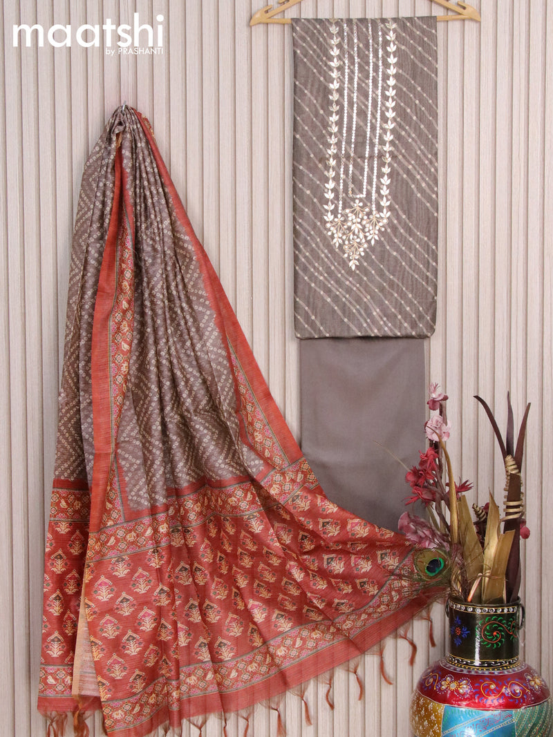 Chanderi dress material grey shade  with allover prints & embroidery work and bottom & printed dupatta