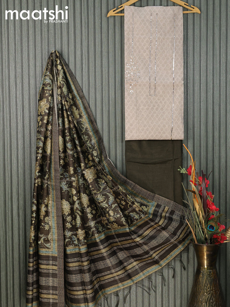 Chanderi dress material beige dark sap green with allover prints & embroidery work and bottom & printed dupatta