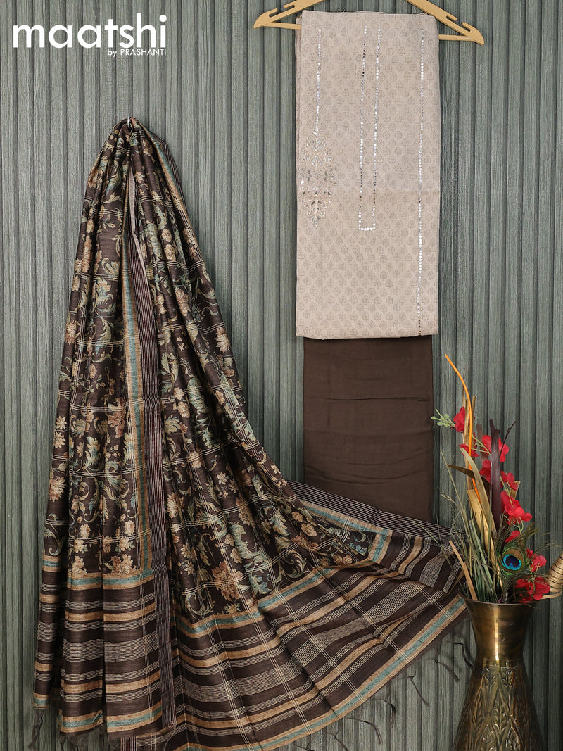 Chanderi dress material beige brown with allover prints & embroidery work and bottom & printed dupatta