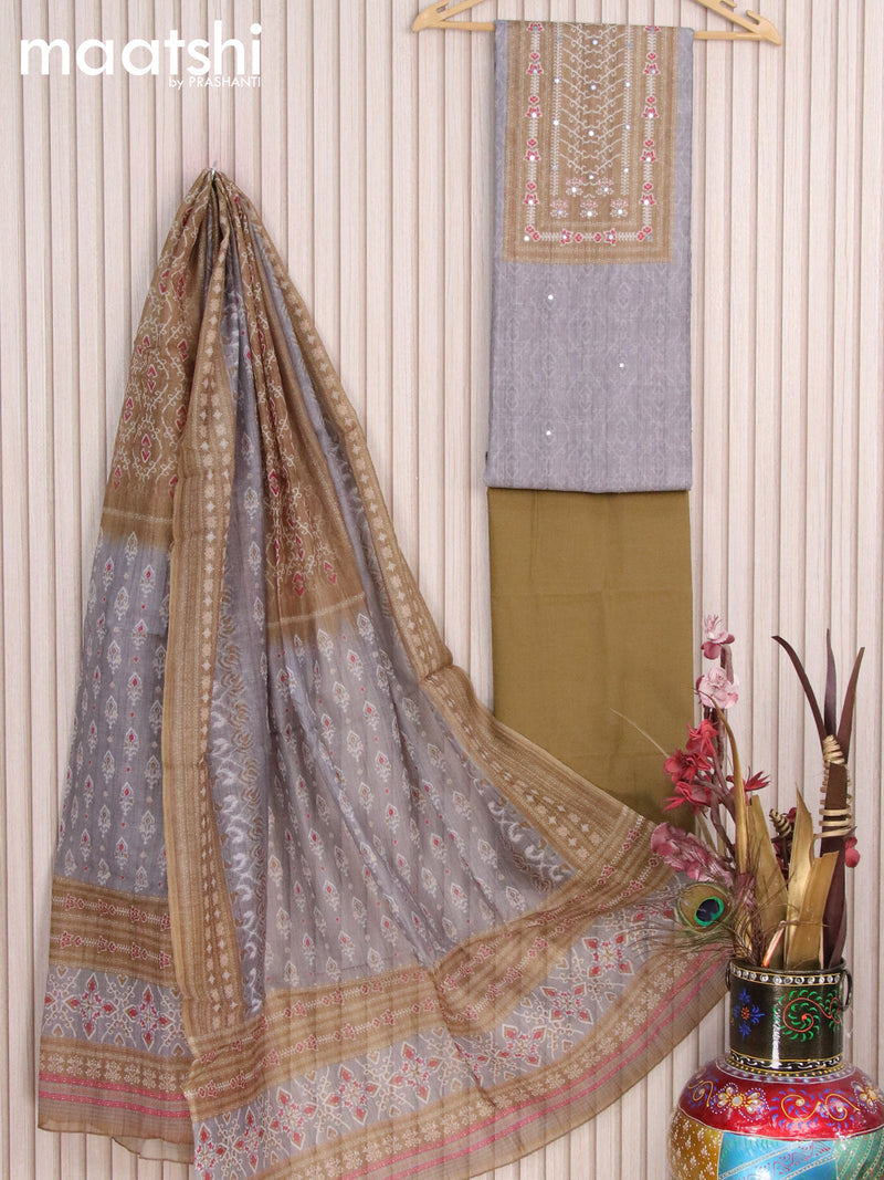 Chanderi dress material grey shade mehendi green with mirror & embroidery work neck pattern and bottom & printed dupatta