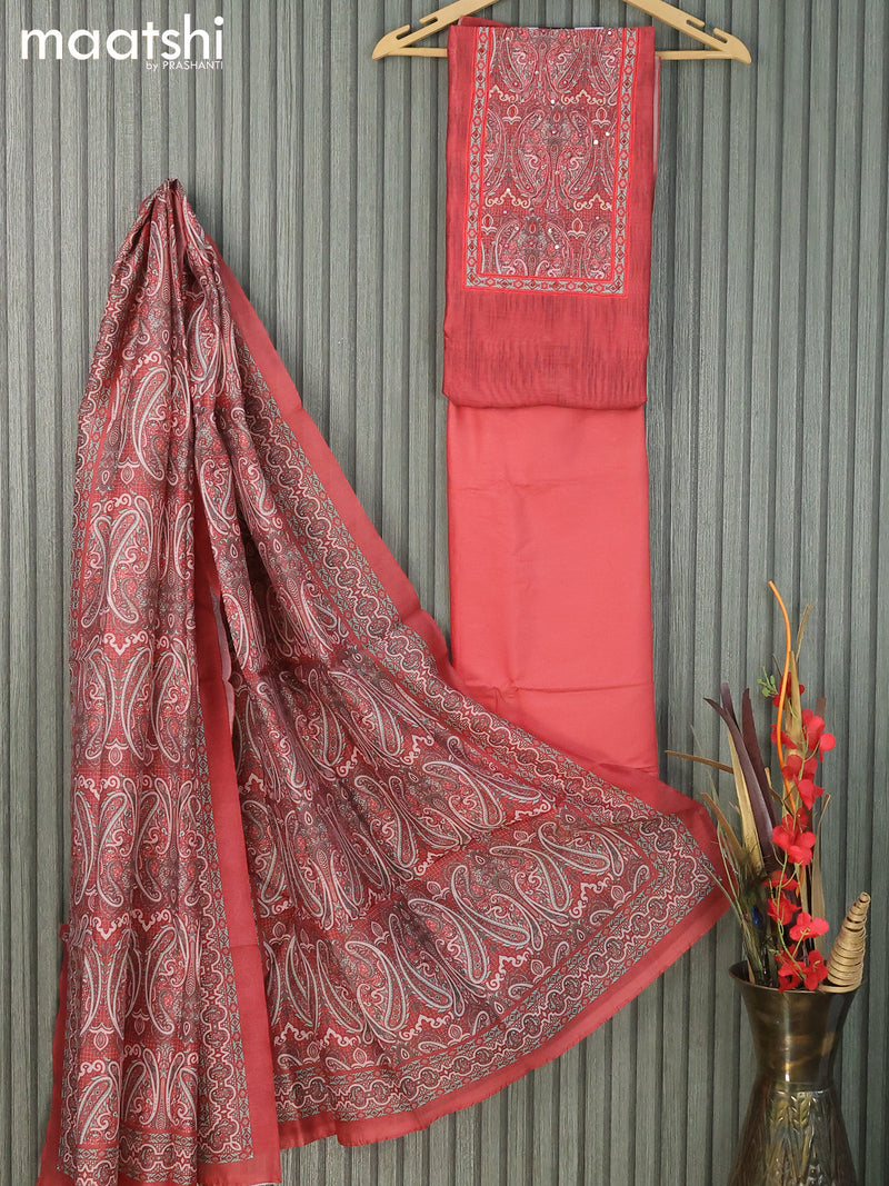 Chanderi dress material maroon shade  with mirror & embroidery work neck pattern and bottom & printed dupatta