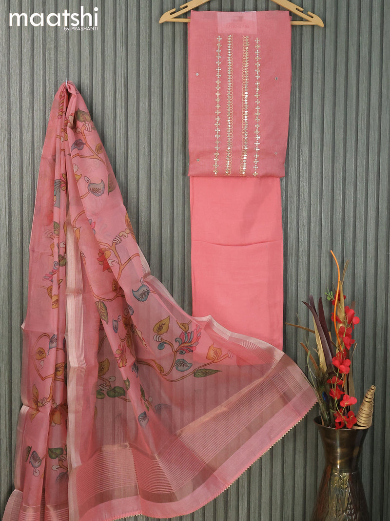 Semi chanderi dress material peach pink shade  with embroidery work neck pattern and bottom & kalamkari printed dupatta