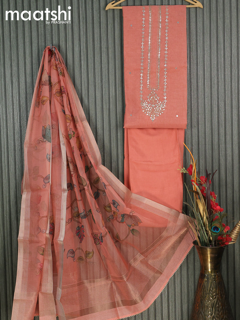Semi chanderi dress material peach orange  with embroidery work neck pattern and bottom & kalamkari printed dupatta