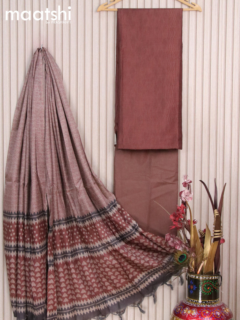 Chanderi dress material brown  with plain body and bottom & printed dupatta