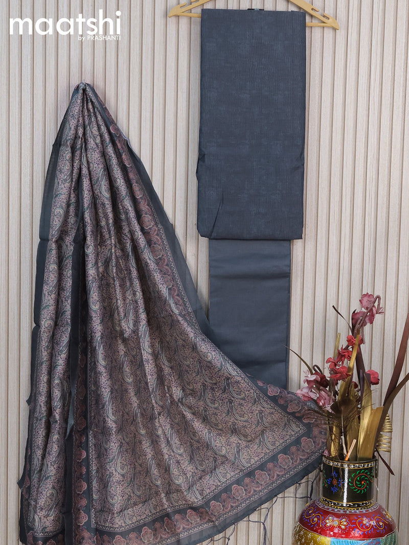 Chanderi dress material bluish grey beige with plain body and bottom & printed dupatta