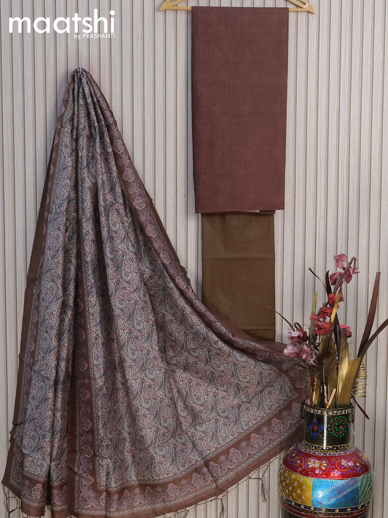 Chanderi dress material brown  with plain body and bottom & printed dupatta