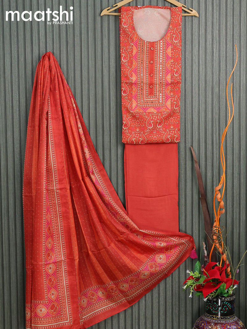 Chanderi dress material orange  with allover prints & mirror work neck pattern and bottom & printed dupatta