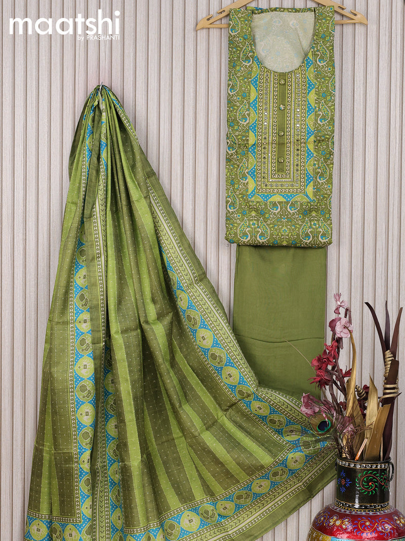 Chanderi dress material light green  with allover prints & mirror work neck pattern and bottom & printed dupatta