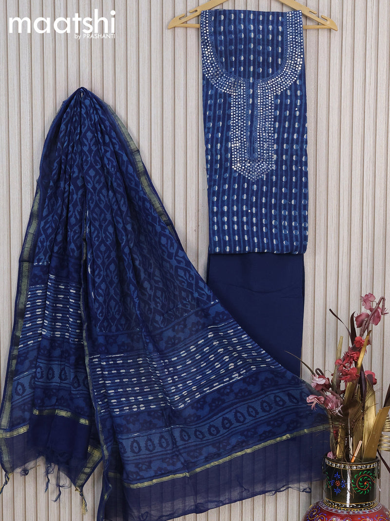 Chanderi dress material indigo blue  with butta prints & mirror work neck pattern and bottom & printed dupatta