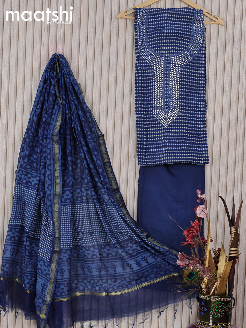 Chanderi dress material indigo blue  with allover prints & mirror work neck pattern and bottom & printed dupatta
