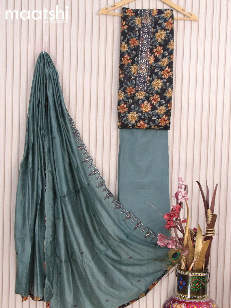 Rayon dress material black pastel green shade with allover floral prints & sequin work neck pattern and bottom & embroidery dupatta
