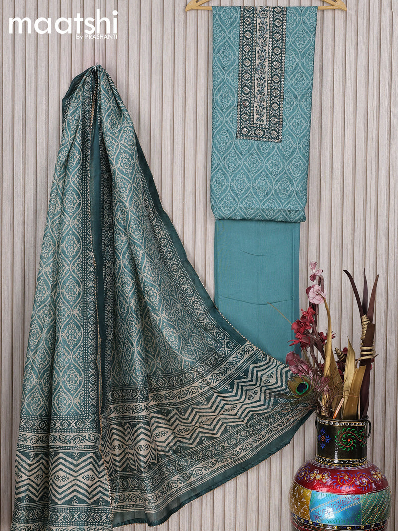 Chanderi dress material blue shade  with allover prints & sequin work neck pattern and bottom & printed dupatta