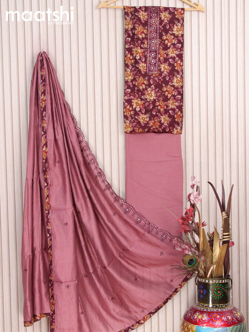 Rayon dress material wine shade pastel pink with allover floral prints & sequin work neck pattern and bottom & embroidery dupatta