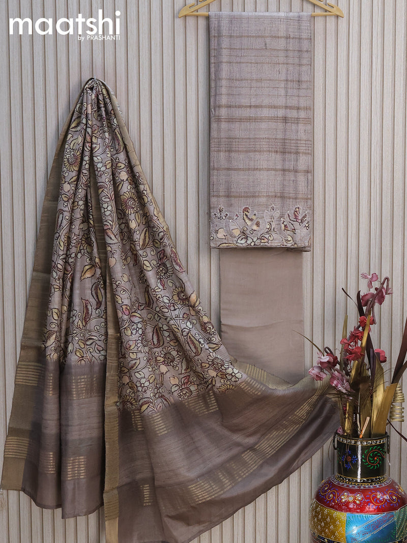 Semi tussar dress material grey shade  with kalamkari prints & embroidery work and bottom & kalamkari printed dupatta