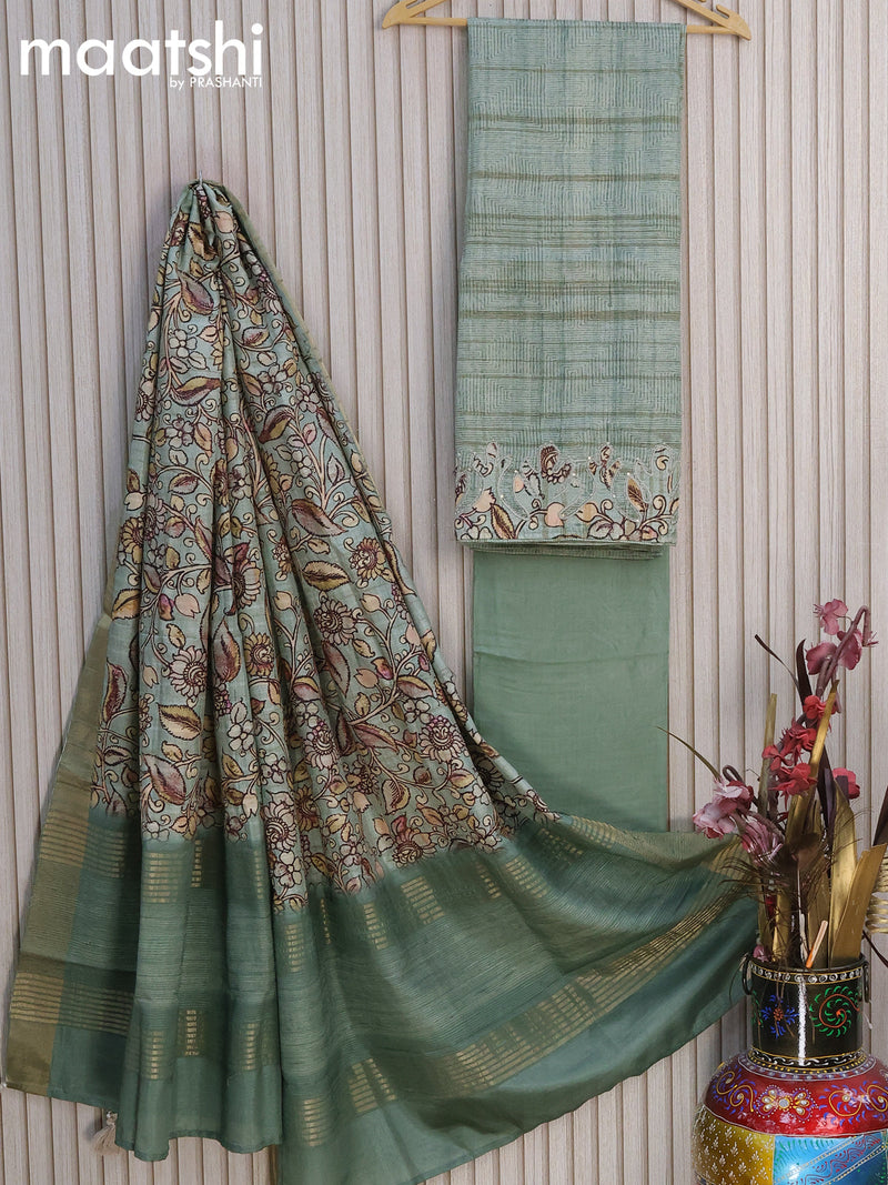 Semi tussar dress material pastel green shade  with kalamkari prints & embroidery work and bottom & kalamkari printed dupatta