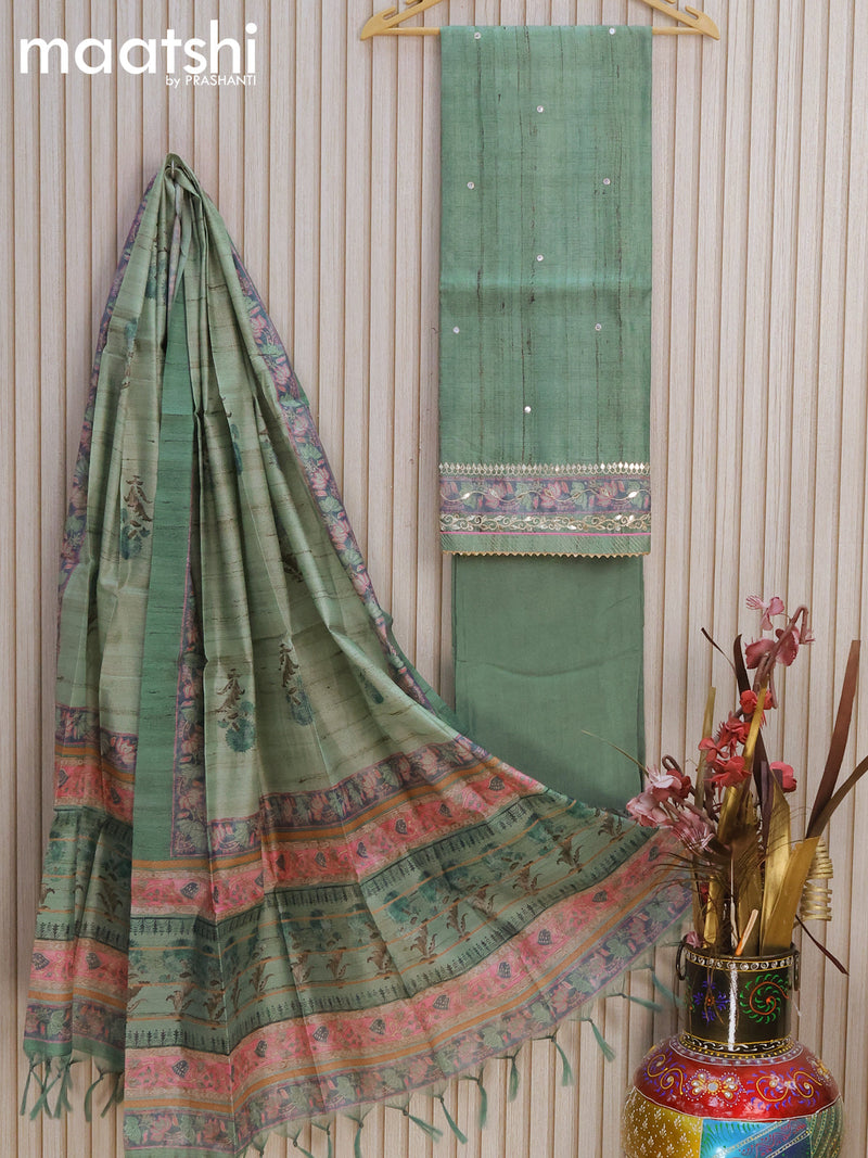 Chanderi dress material green shade  with allover mirror work and bottom & printed dupatta