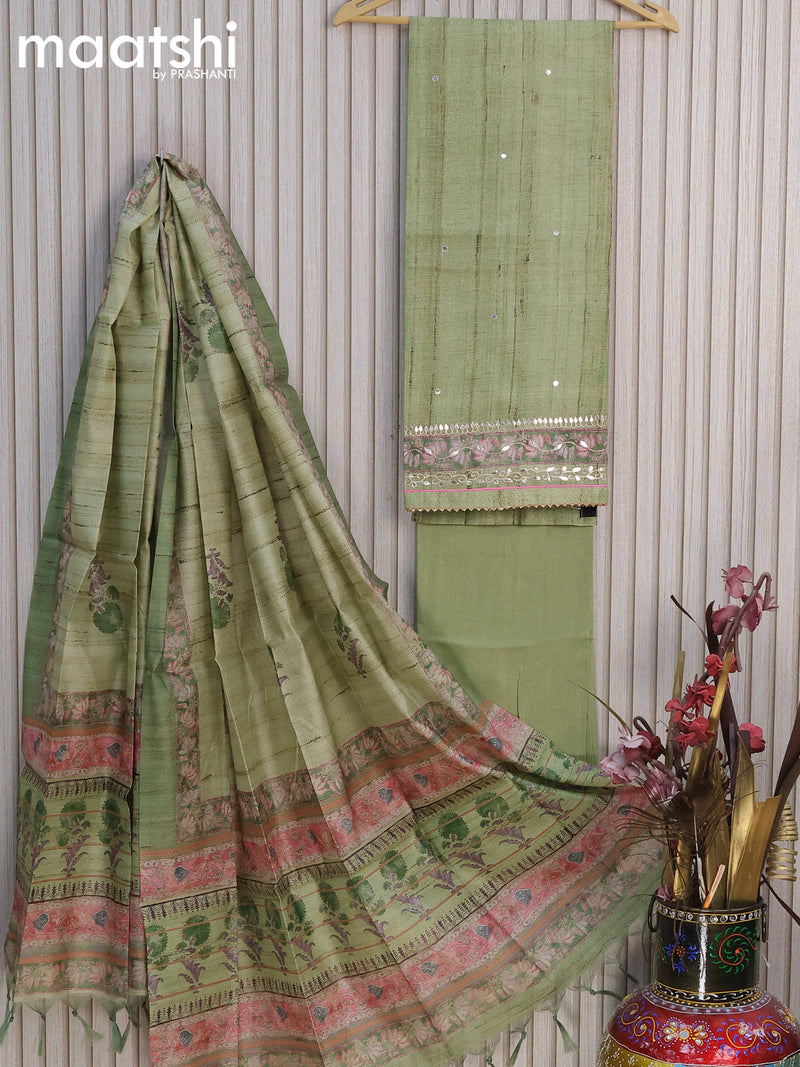 Chanderi dress material green shade  with allover mirror work and bottom & printed dupatta