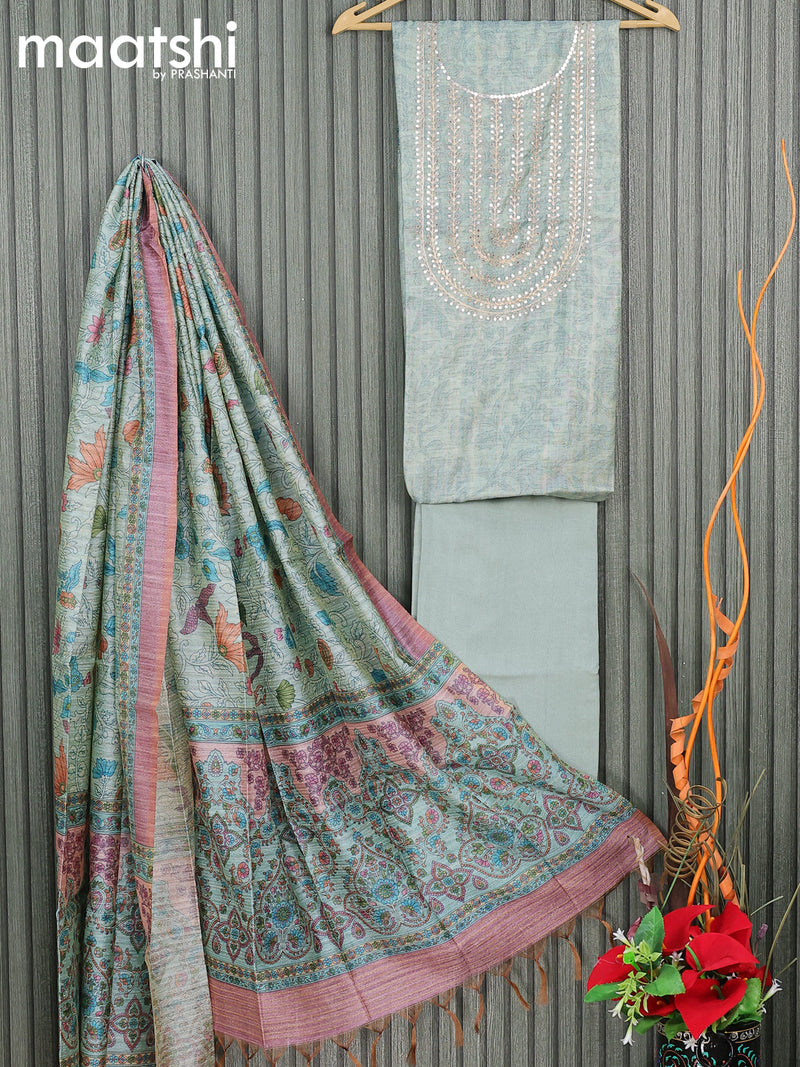 Chanderi dress material pastel blue shade  with embroidery work neck pattern and bottom & printed dupatta