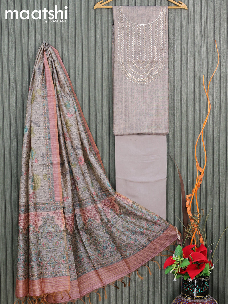 Chanderi dress material grey shade  with embroidery work neck pattern and bottom & printed dupatta