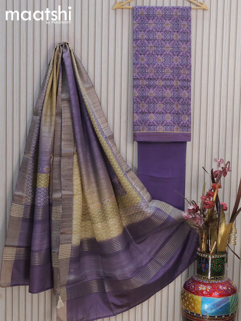 Semi tussar dress material violet  with allover ikat prints and bottom & printed dupatta