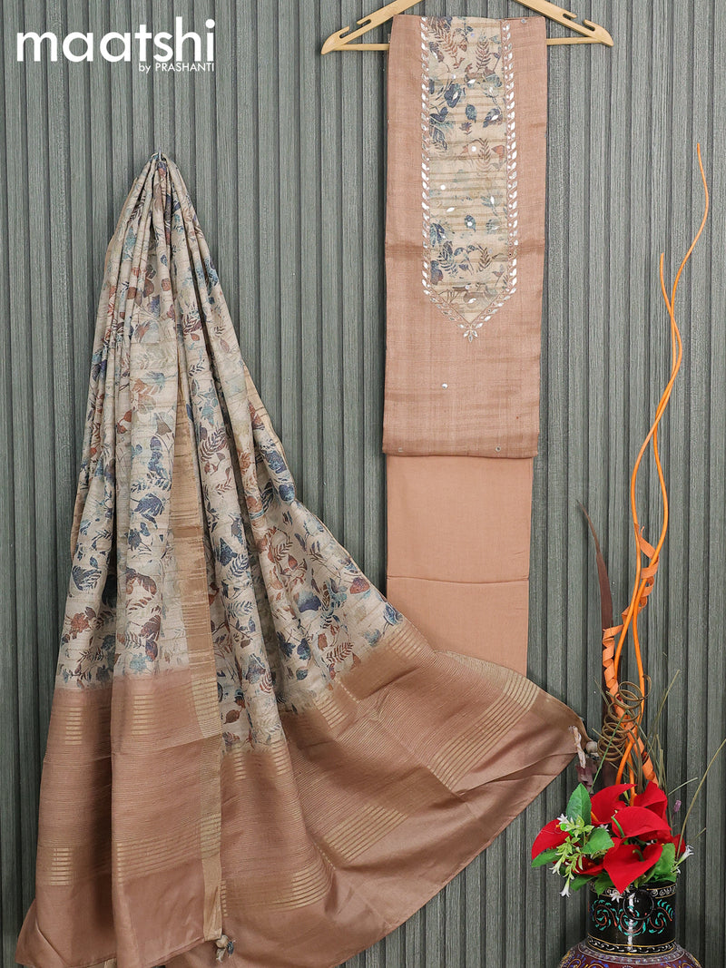 Semi tussar dress material dark sandal  with embroidery work neck pattern and bottom & printed dupatta