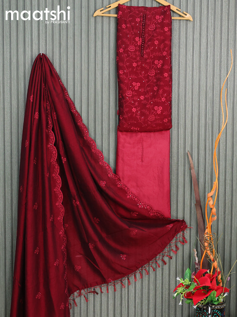Raw silk dress material maroon  with allover sequin work & simple neck pattern and bottom & sequin work dupatta